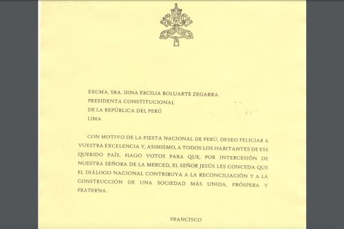 Carta de saludo del papa Francisco por Fiestas Patrias. (Andina)