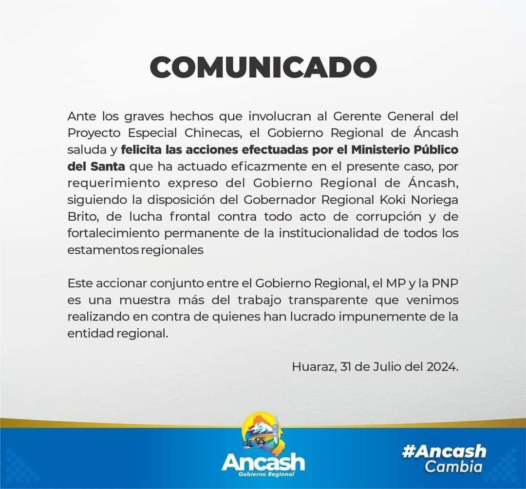 La autoridad ancashina mencionó que el Ministerio Público "ha actuado por requerimiento expreso" del gobierno regional.