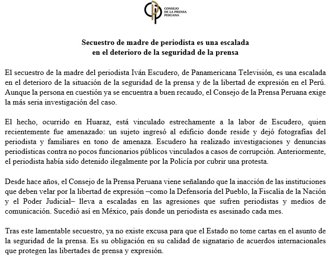 Comunicado del Consejo de la Prensa Peruana