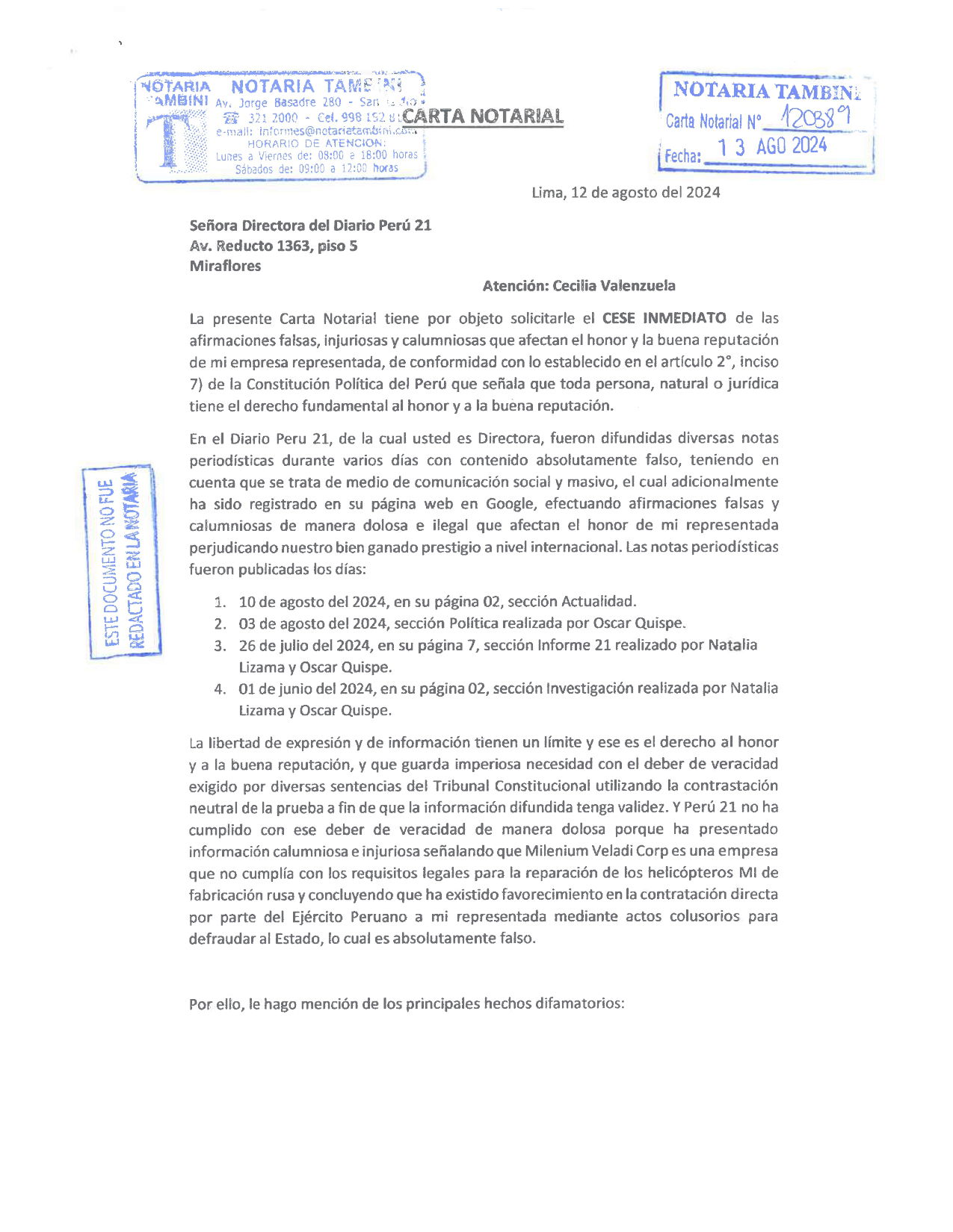 Carta notarial Milenium Veladi Corp