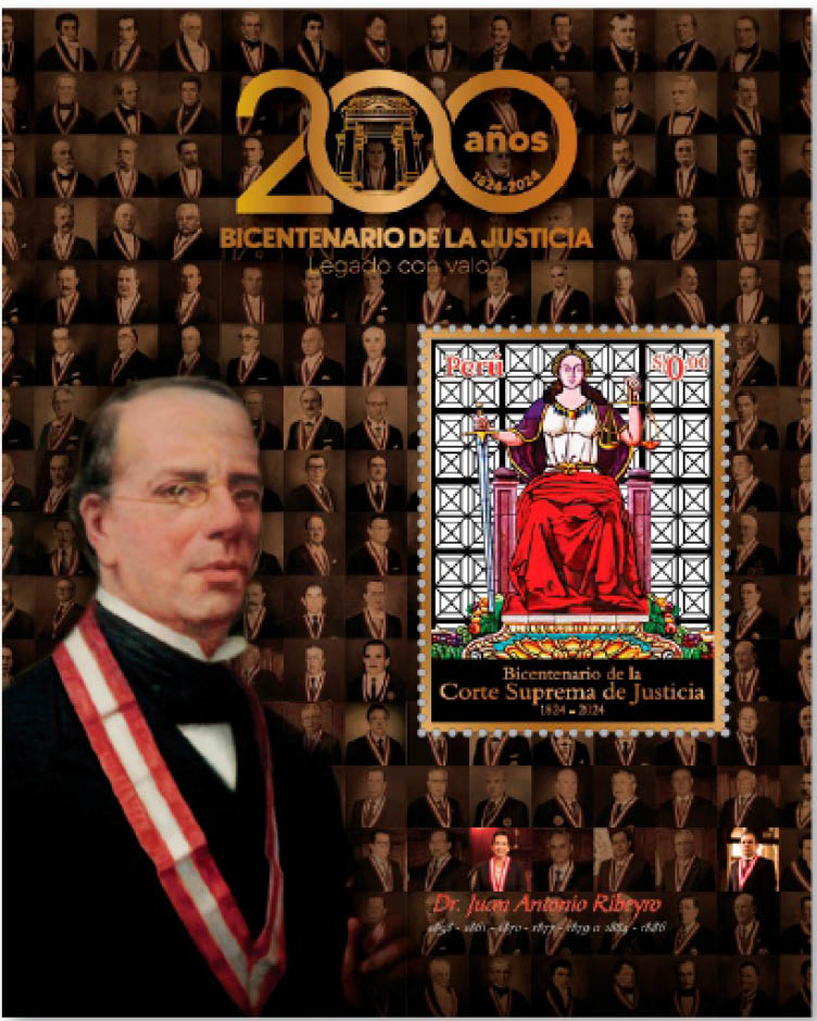 la estampilla por los 200 años con los rostros del primer Pdte. de la Corte Suprema, Manuel Lorenzo de Vidaurre y Encalada. y demás juristas que la presidieron.