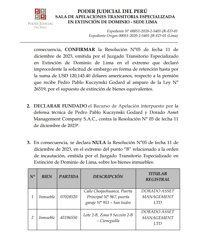 Resolución de la sala de extinción de dominio favorece a PPK.