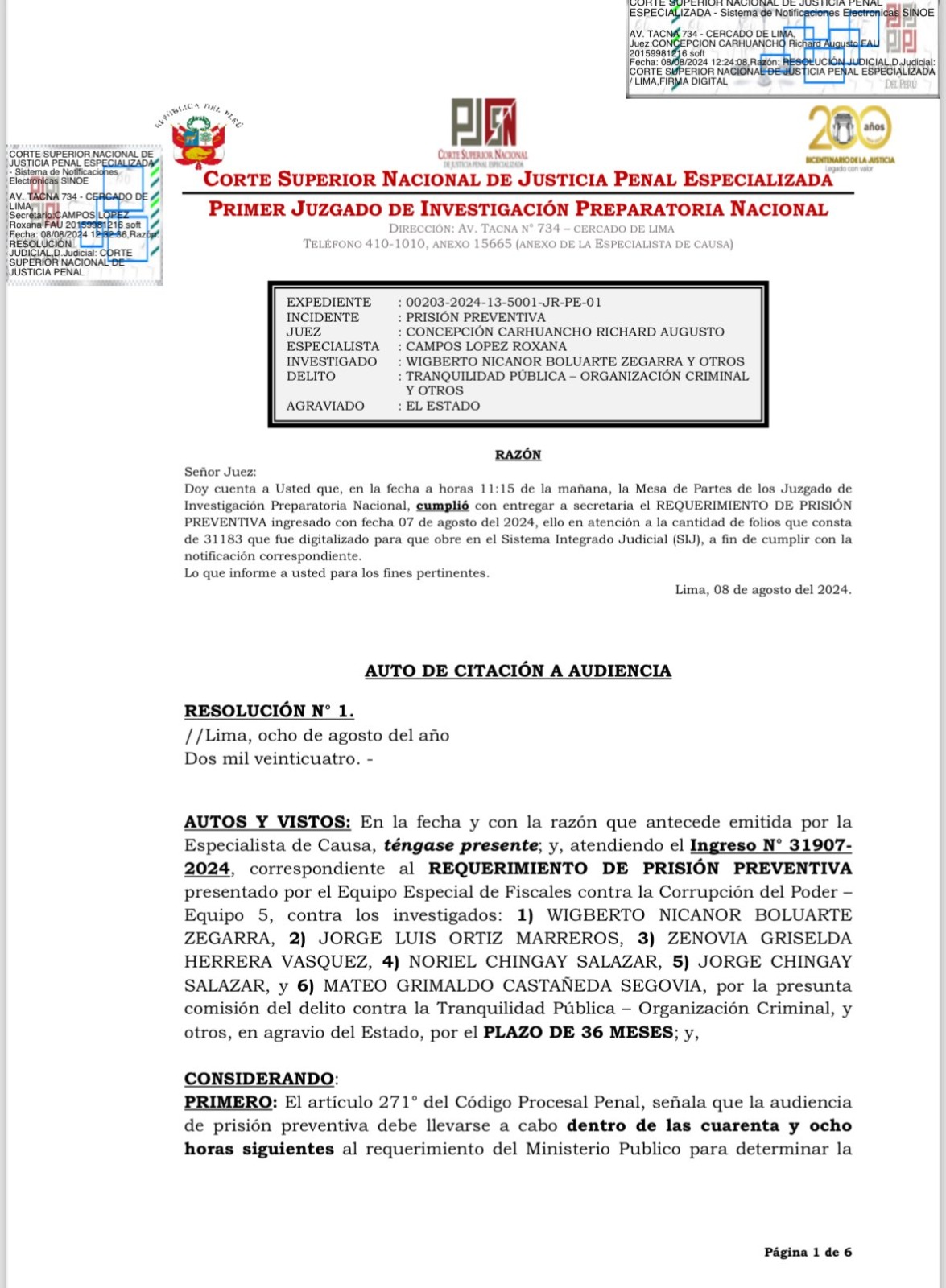 Efficop pide prisión preventiva contra Nicanor Boluarte por el delito de organización criminal. 