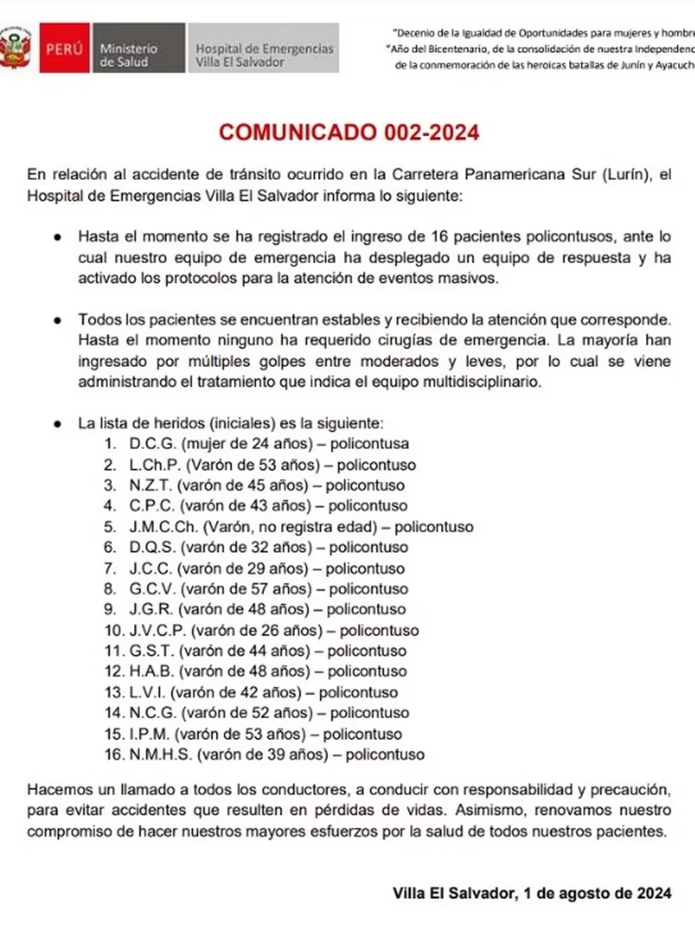 Lista de heridos en accidente en Lurín 