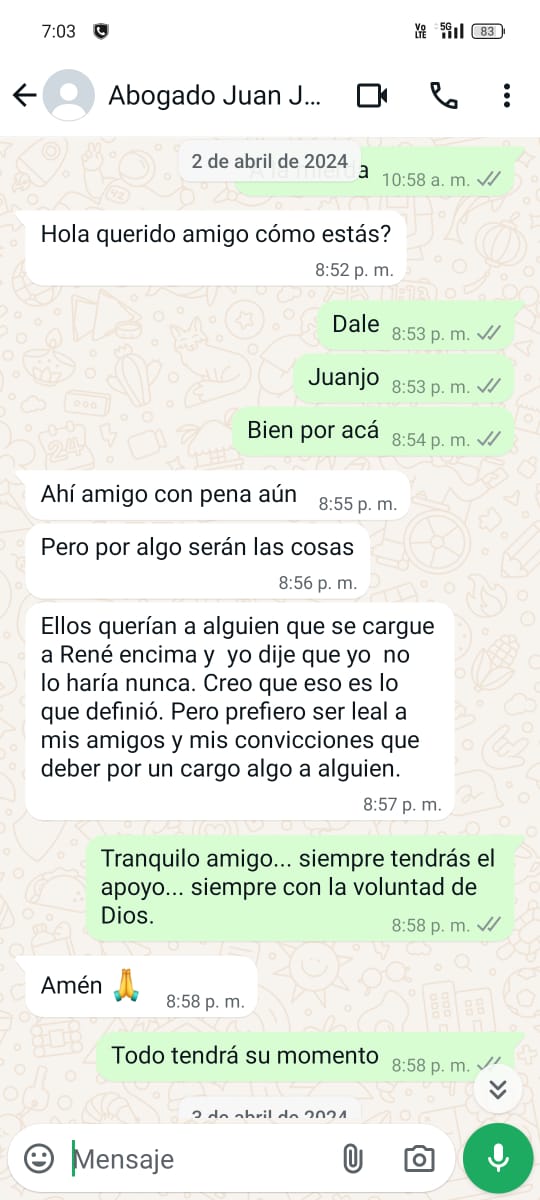 Pantallazo de Whatsapp entre el ministro Santiváñez y 'Culebra'.