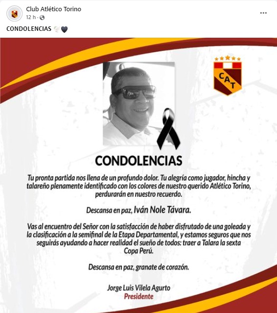 Atlético Torino muestra condolencias por asesinato de Iván Nole