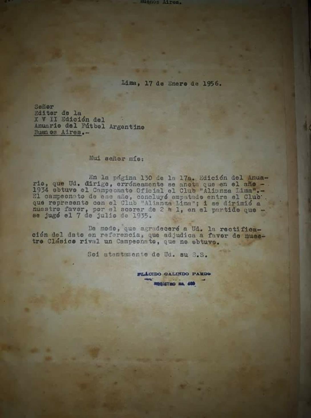 Carta de Plácido Galindo, presidente del fútbol peruano, a El Gráfico