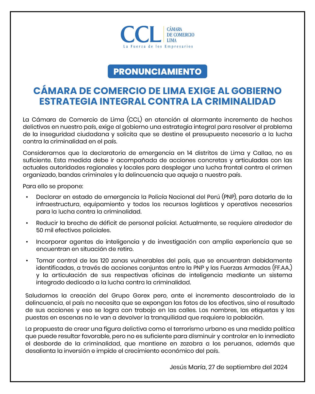 Comunicado Cámara de Comercio de Lima