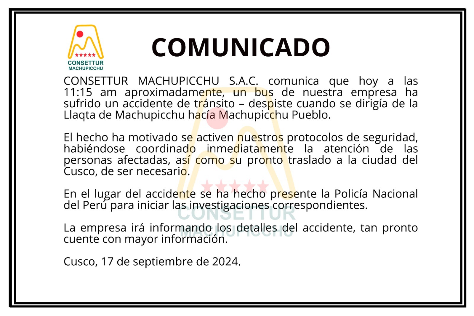 Comunicado sobre accidente en Cusco.