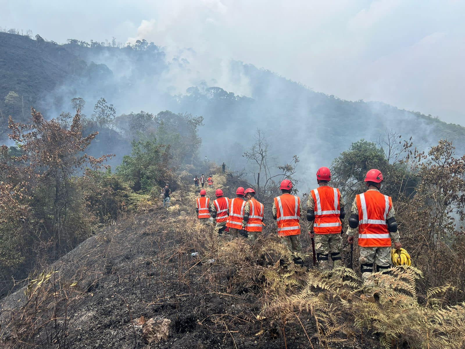 Personal militar de la 6ª Brigada de Selva del Ejercito del Perú se sumó a las labores de control y extinción del incendio forestal en el distrito de San José del Alto, en Jaén, Cajamarca.