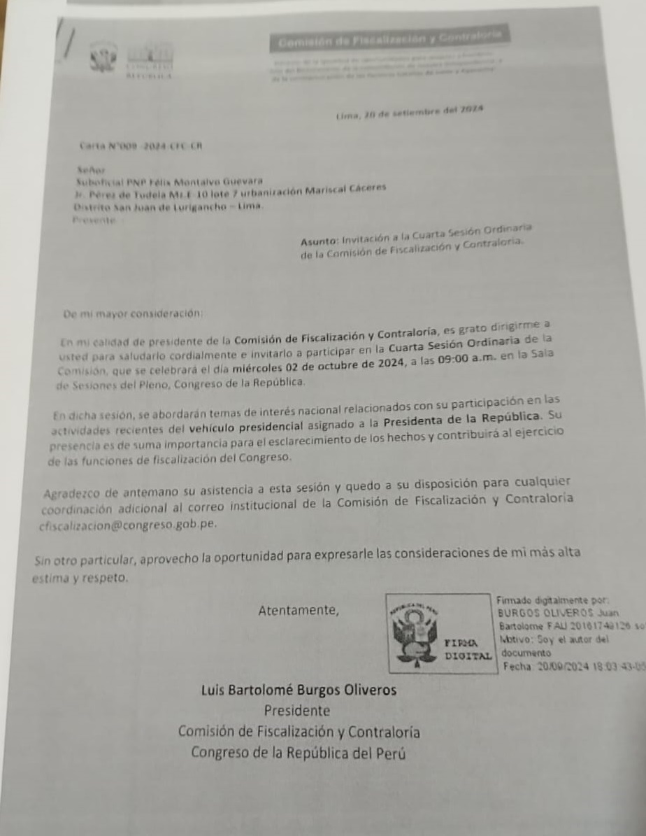 Carta de citación del chofer.