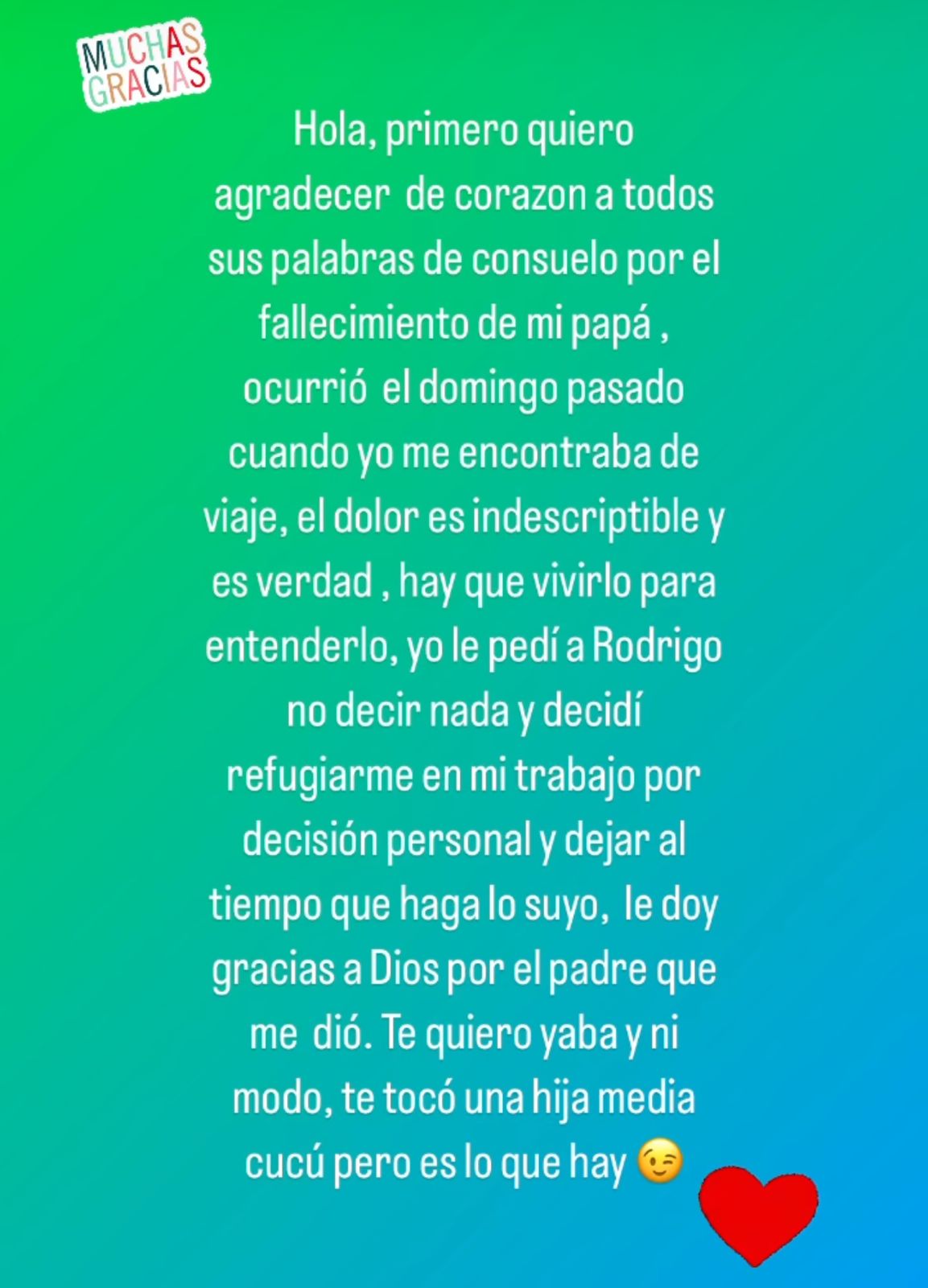 Publicación hecha por Gigi Mitre para agradecer el cariño del público.