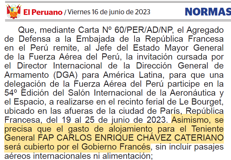 El gerente FAP Carlos Chávez Cateriano fue invitado por el gobierno de Francia a la 54° Edición del Salón Internacional de la Aeronáutica y el Espacio, realizada en junio de 2023.