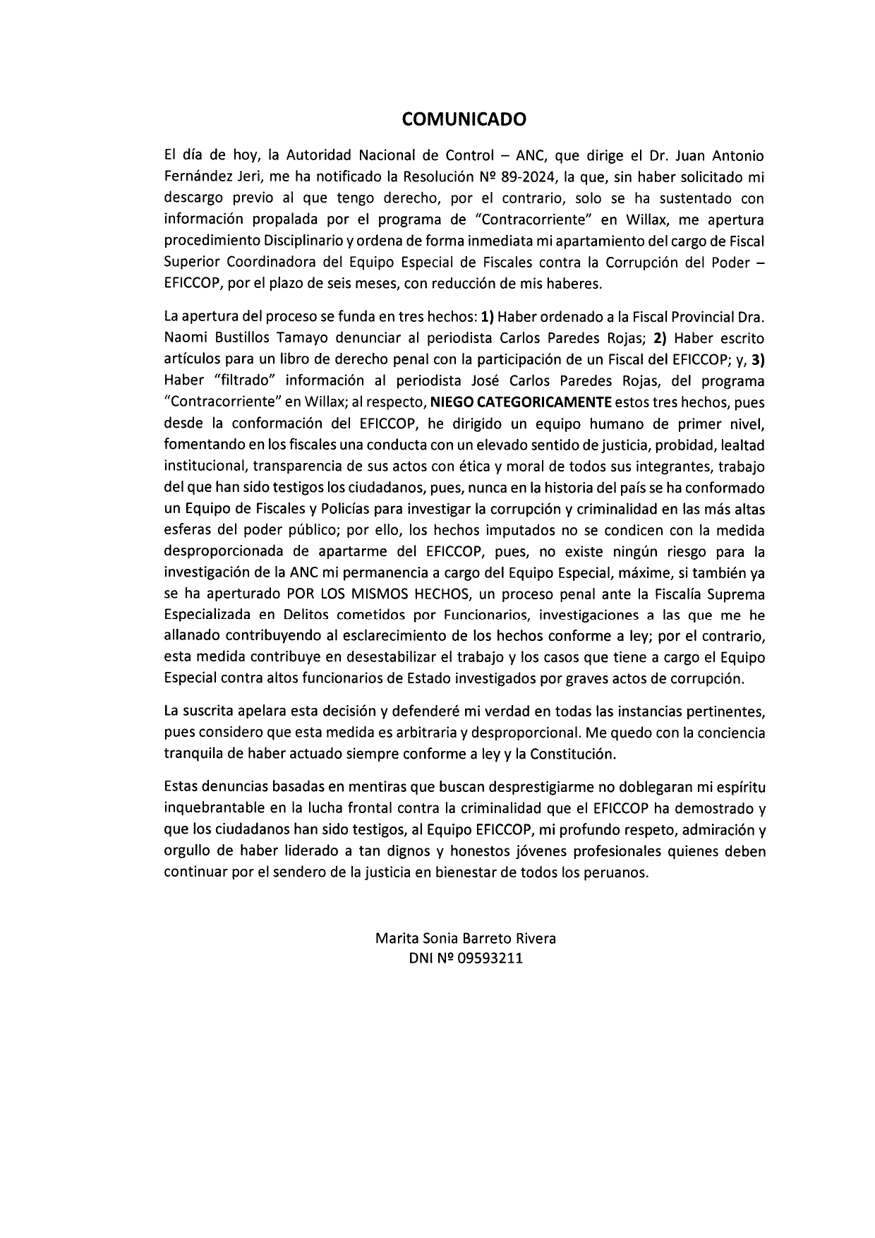 Comunicado de la fiscal Marita Barreto. 