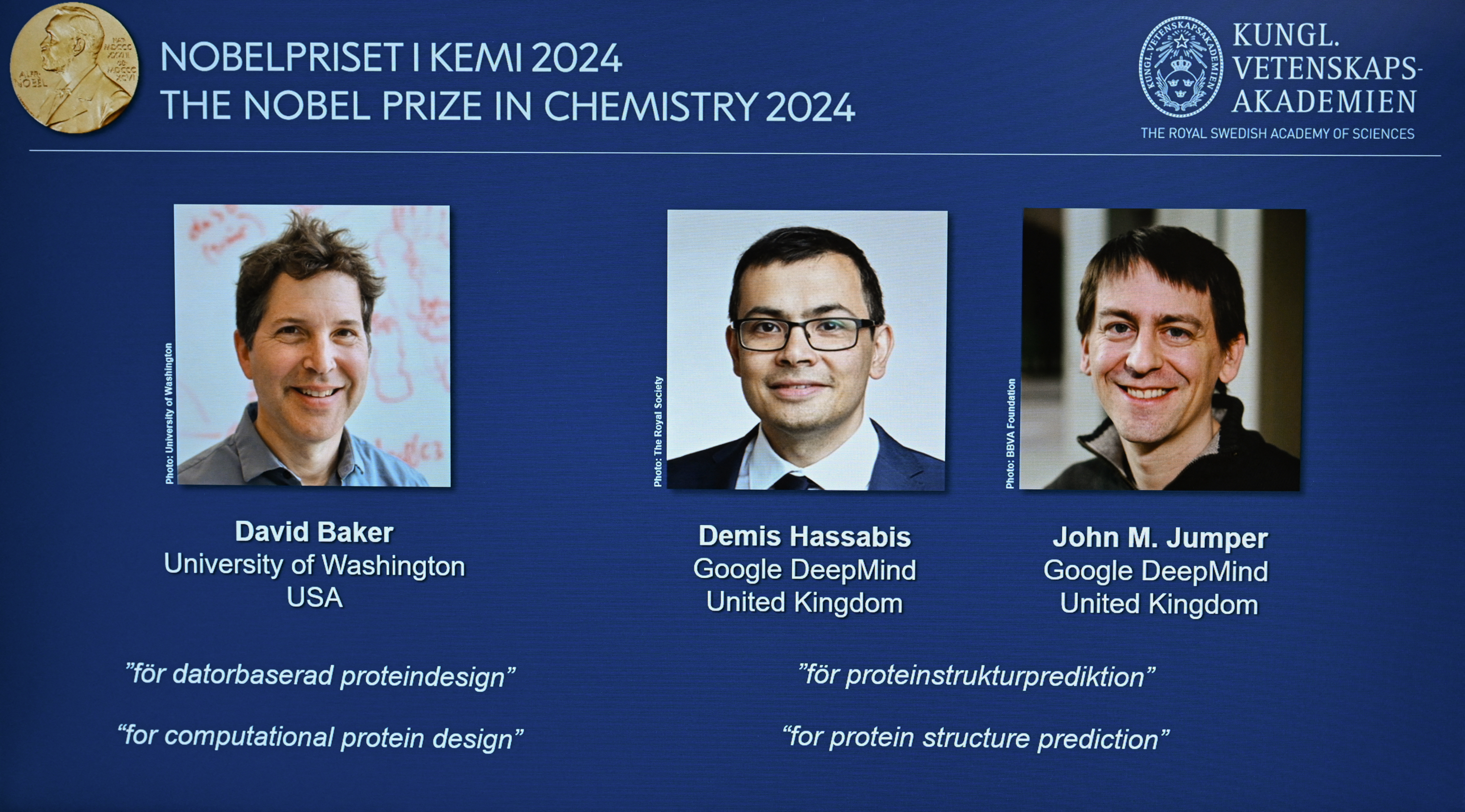 Nobel de Química 2024 a David Baker, Demis Hassabis y John Jumper por revelar los secretos de las proteínas con IA y computación.