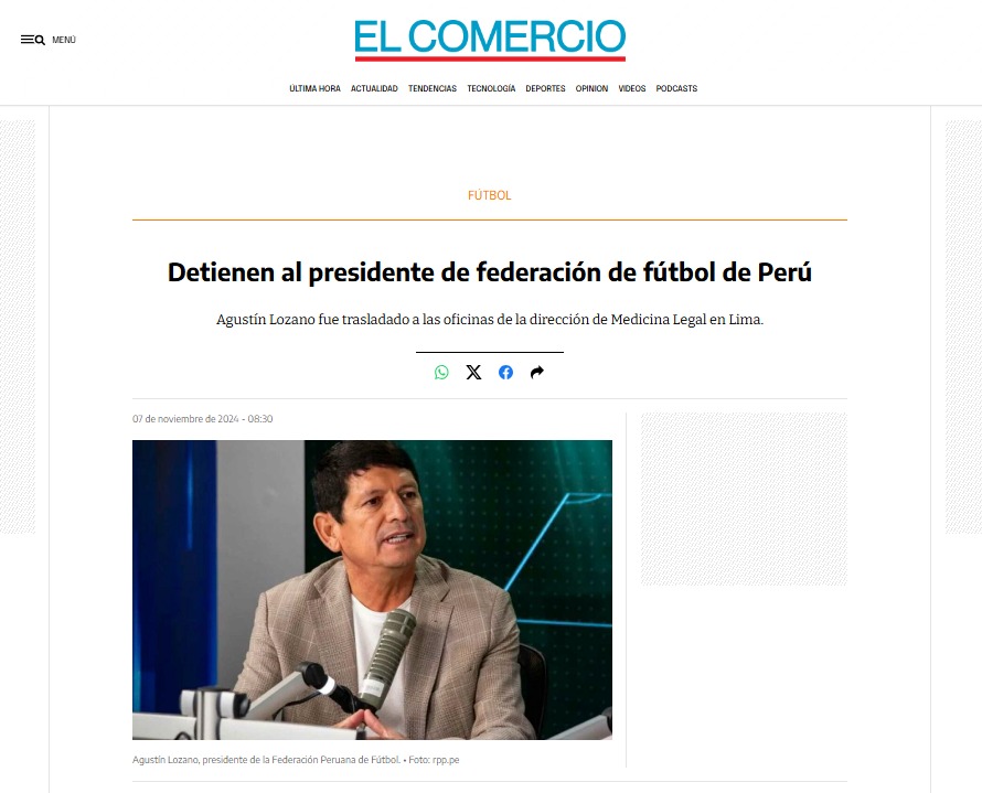 El Comercio de Colombia informó escuetamente sobre detención de Agustín Lozano